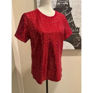 DKNY Red Sequin Short Sleeve Top